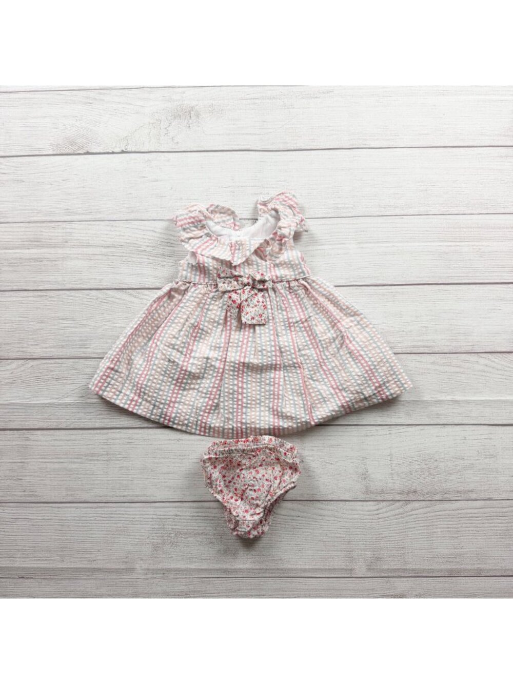 Bonnie Baby Pink White Striped Dress Floral Bow Matching Bloomers 3-6 Months
